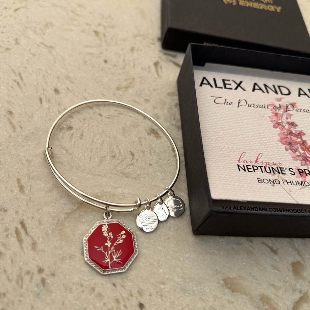 NWOT Alex and Ani Silver Bracelet with Red Larkspur  Charm